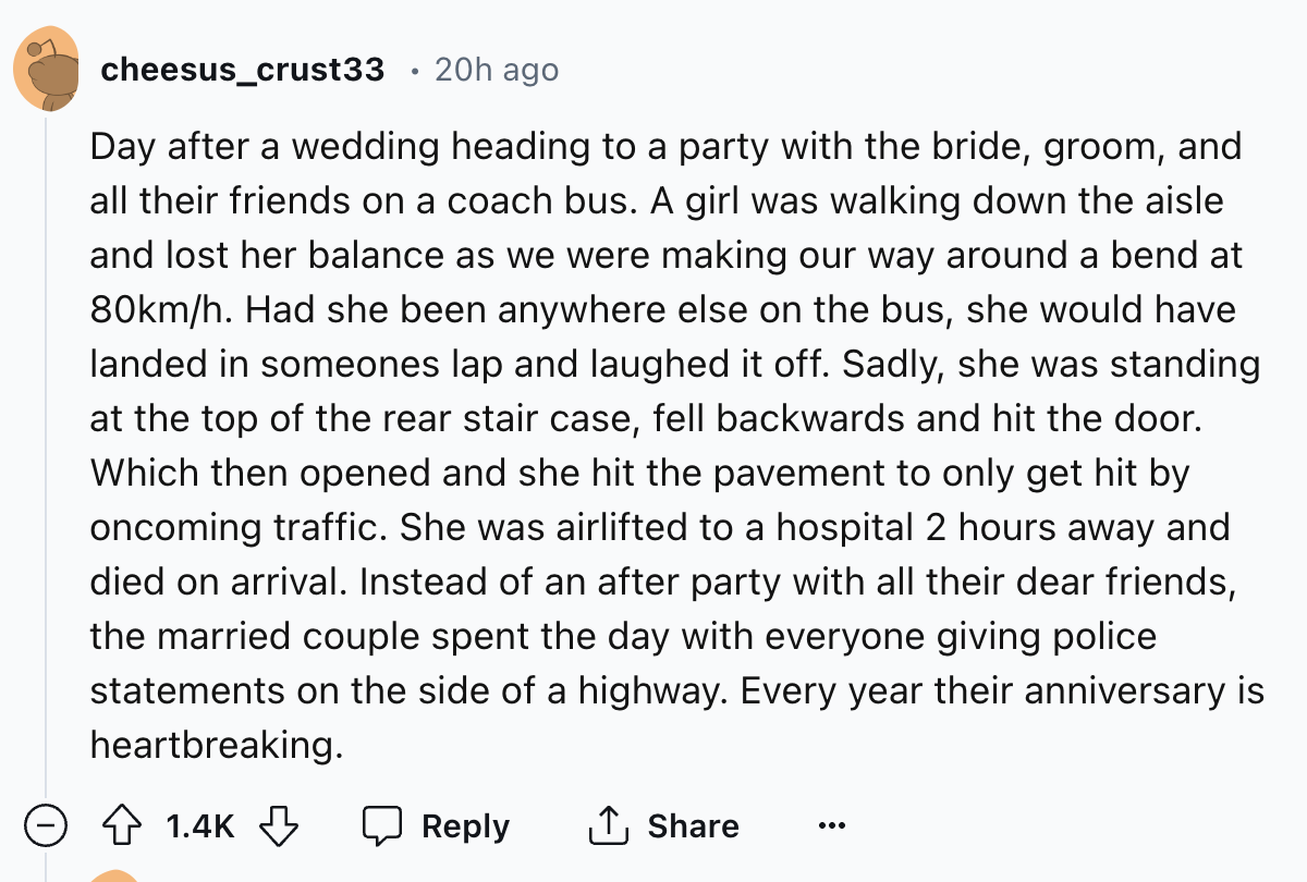 document - cheesus_crust33 20h ago Day after a wedding heading to a party with the bride, groom, and all their friends on a coach bus. A girl was walking down the aisle and lost her balance as we were making our way around a bend at 80kmh. Had she been an